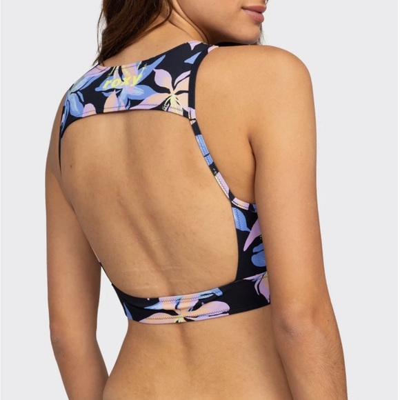 Roxy Active Printed Crop Top Bikini Top, ANTHRACITE KISS - Picture 2 of 5